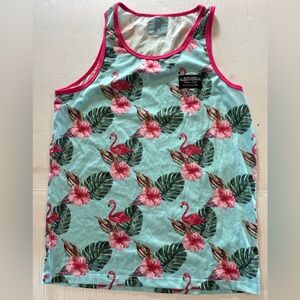Dutch Bros Men’s Flamingo Tropical Pink and Green Tank Top